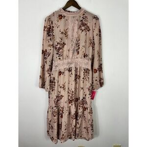 Xhilaration Pink Floral Midi Dress Women XL Long Sleeve Prairie Cottage Romantic